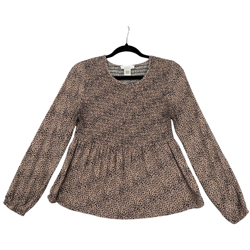 Urban Romantics Leopard Print Smocked Babydoll Blouse Tan Black Long Sleeve M